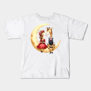 Valentine Giraffe Couple on Moon Kids T-Shirt